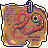 Pixelated icon depicts a brown parchment-like background with a red serpentine creature, a circular eye, and a green-and-blue paperclip at the top.