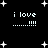 Black background with white pixelated text 'i love' and four exclamation marks, surrounded by scattered plus signs of varying sizes.