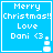 Blue square icon with white pixelated text reading "Merry Christmas! Love Dani <3" and a small snowman graphic on the right side.
