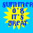 Blue background with four identical yellow starburst shapes, each containing blue text reading 'SUMMER 0'8 IT'S GREAT'.