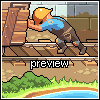 Pixel art of a character in blue shirt and brown overalls pushing against wooden planks on a bridge, with 'preview' text below.