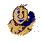 Pixelated cartoon character with yellow-brown hair and blue clothing, smiling while holding a dark blue object near its face