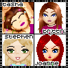 Pixelated character icons with changing expressions and hair colors, labeled 'tasha', 'britni', 'stephen', and 'joanne' in pixel font.