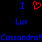 Blue text and red heart symbol on black background with repeated 'Lux' and 'Cassandra!!' in pixelated font.