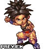 Pixel art character with spiky brown hair, orange skin tone, and muscular build in fighting stance wearing black sleeveless top, purple wristbands, red belt, yellow pants, purple leg wraps, and blue shoes.