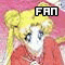 Pixelated anime character with blonde pigtails and red outfit, two versions of text above head, pink background.