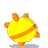 Yellow spherical object with orange stripes and protrusions rotates through multiple angles on gray background.