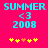 Pixelated cyan text 'SUMMER <3 2008' on bright pink background with yellow and orange star-like shapes below.