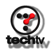 Animated circular icon with black outline, red central shape, and scattered black dots; text 'techtv' below in bold lowercase letters.