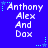 Blue background with white text listing names Anthony, Alex, And, Dax, and light blue stars and dots in corners.