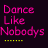 Pixelated text animation with pink and cyan lettering on dark background, showing two frames of a dancing-themed phrase.
