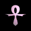 Six pixelated ankh symbols in varying shades of pink and purple arranged in two on a black background, with one vertical bar icon below the top