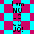 A pixelated image with cyan and magenta colors displays text 'I am MO JO JO JO!' in black font over a checkered background that shifts to diamond shapes.