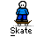 A 4x4 contact sheet of a pixel art animation featuring a blue stick figure performing skateboarding actions on various ramps and rails, with the word "Skate" below each frame.