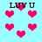 Pixelated cyan background with scattered pink hearts and black 'LUV U' text in multiple positions.