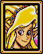 Pixelated character with blonde hair and a yellow hat in a golden frame, showing multiple facial expressions.