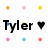 Pixelated graphic with black text 'Tyler' and a heart symbol surrounded by colored squares on white background.
