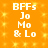 Static orange background with yellow sparkles and white pixelated text reading "BFFs Jo Mo & Lo" in two identical vertical