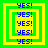 Four identical pixelated frames display layered green and yellow squares with blue 'YES!' text repeated in a pattern