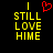 Yellow pixelated text 'I STILL LOVE HIME' on black background with red heart symbol above 'I' in left view, no heart in right view.