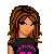 Pixel art of a female character with brown curly hair, blue eyes, and a black shirt with pink text; three views show full body, torso, and Eiffel Tower background.