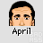 Pixelated cartoon head with dark hair and neutral expression, labeled 'April' beneath, with speech bubbles containing text like 'OWIGHT YOU', 'IGNORANT', 'SLUT!', and 'the office' in various frames.
