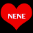 Two red heart shapes with white text "NENE" centered on each, displayed side-by-side against a black background.