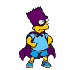 Yellow-skinned cartoon character with purple hat and cape, light blue shirt, blue shorts, and blue shoes stands against gray background in multiple poses.