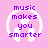 Pixelated icon with purple text "music makes you smarter" inside white headphones on pink background.