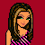 Pixelated character with long brown hair in pink-and-black striped top and black skirt, standing against red background with heart symbols.