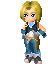 Pixelated character with blonde hair and blue eyes in a blue outfit, holding a brown object that changes position across frames.