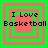 Four identical pixelated squares with green and pink borders display "I Love Basketball" text in black.