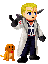 Pixel art character with blonde hair and blue eyes in white lab coat, dark pants, black gloves, holding black pistol, standing next to small brown dog on gray background.