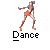 Pixelated 2D character in mid-dance pose with orange outfit and purple hair, below which is the word "Dance" in blocky pixel font on a gray background.