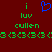 A static pixel art image with a dark red background, featuring green text and a blue heart symbol.
