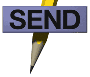 Animated contact sheet of pencil icons with alternating 'SEND' and 'EMAIL' text on blue buttons, yellow pencils with gray tips, arranged in a 5x5 grid across multiple frames.