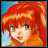 Pixelated anime-style character with red hair and orange clothing against a blue background, next to black with white text