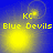Blue background with yellow text 'KC' and 'Blue Devils' and four yellow circular light effects in different positions across four