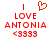 Red pixelated text and symbols on white background: 'I' above a heart, then 'LOVE', 'ANTONIA', '<3333'