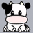 Pixelated cow icon with black and white patches, pink nose, and gray background, paired with purple containing text