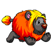A cartoon lion with orange fur and yellow mane walks left to right across white background, tail flicking.