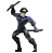 Pixelated figure in dark blue and black costume holding two batons, one raised high above head, the other extended to side against gray background.