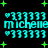 Pixelated turquoise text 'michelle' surrounded by heart symbols and green plus signs on a black background.
