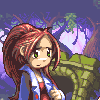 Pixel art character with long red hair tied in a high ponytail, green eyes, and a neutral expression wearing blue jacket over white shirt.