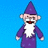 Pixelated wizard icon with purple robe and hat, white beard, red mouth, blue background, and purple text overlays.
