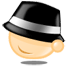 A cartoon character with a black fedora and silver band, smiling face, and peach-colored skin appears in three of each