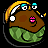 Pixelated character with brown body, green lower half, pink lips, yellow hair, and blue eyes on black background.