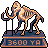 Pixel art of a bipedal creature with striped torso standing on a pedestal displaying '3600 YO' text.