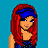 Pixelated cartoon character with red and blue hair next to text reading SEXY IN BLUE on a white background with red border.
