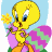 A 48x48 pixel animated buddy icon featuring Tweety Bird holding a flower on the left and "JensIcons.com" text on the right, displayed as a contact sheet with two frames.